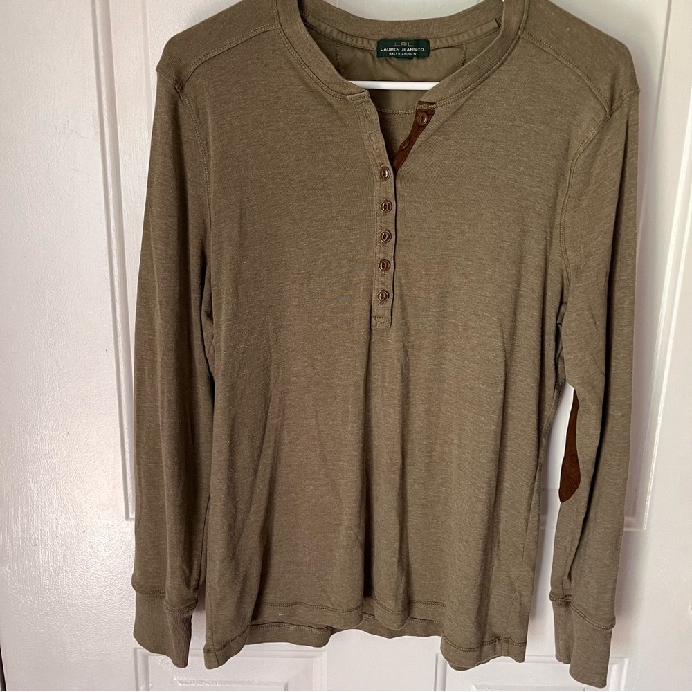 Ralph Lauren Large Olive Green Long Sleeve Top Suede Elbow Patches Preppy Equast